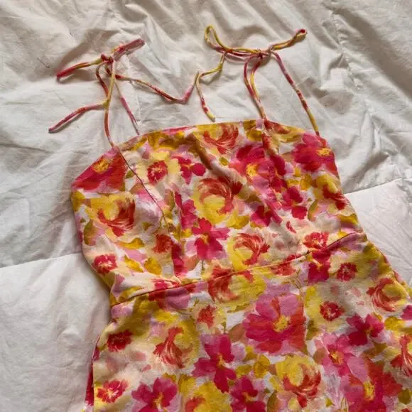 old navy sz XS Cottagecore linen babydoll floral mini dress stappy pockets - Picture 6 of 8